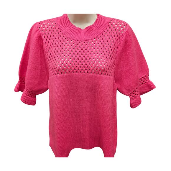 THML sz S pink puff statement blouse see through net accents NWOT bright fun - Picture 1 of 9